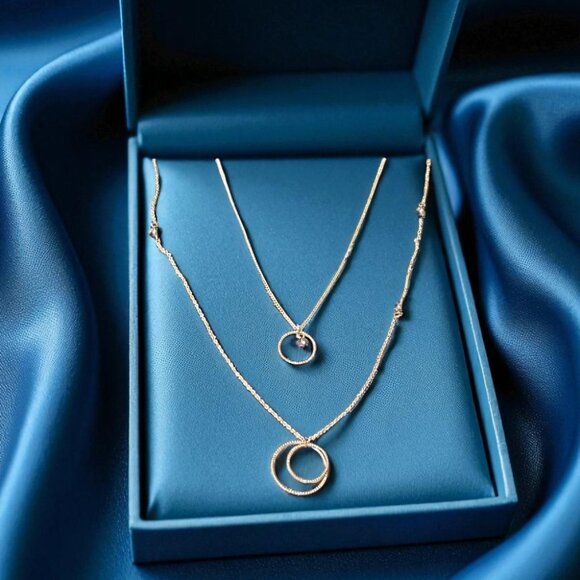 Double Layered Necklace with Milgrain Circle Pendants - Picture 1 of 4